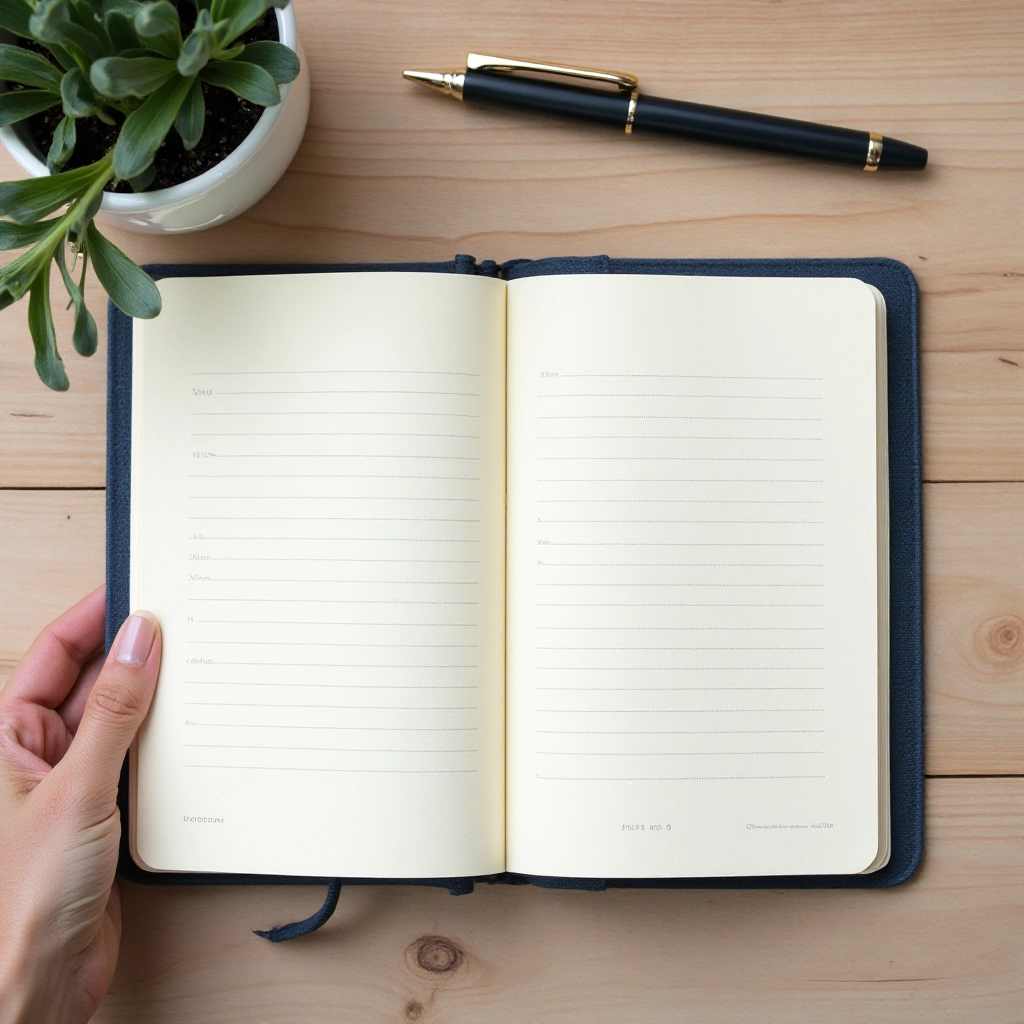 Open navy journal showing guided daily prompts with date field, morning intention space, and gratitude sections on cream paper