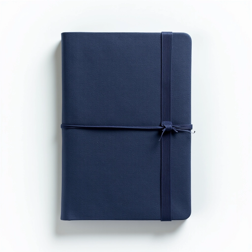 Closed navy linen hardcover journal with elastic closure and ribbon bookmark on white background